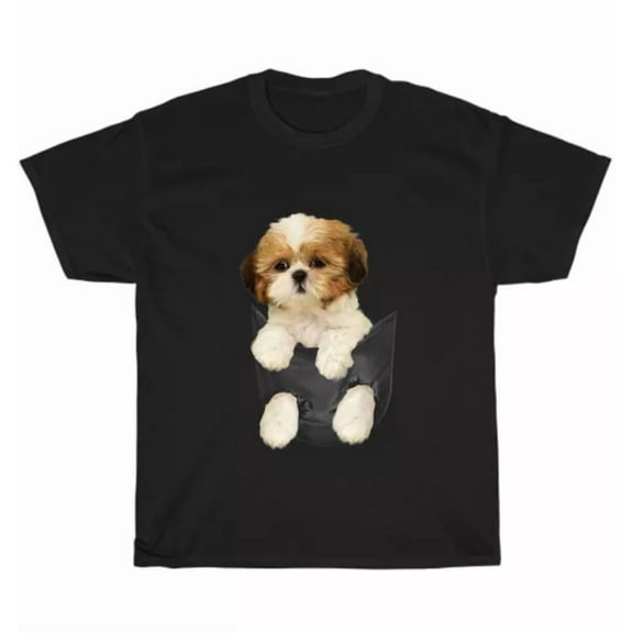 Hot Trending Tee With Shih Tzu Puppy In Pocket T-Shirt Shitzu Dog Pet Lover Owner Unisex Tee Gift New