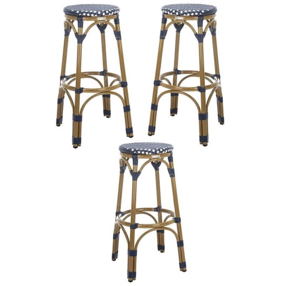 Home Square 30" Wicker Bar Stool in Navy and White - Set of 3
