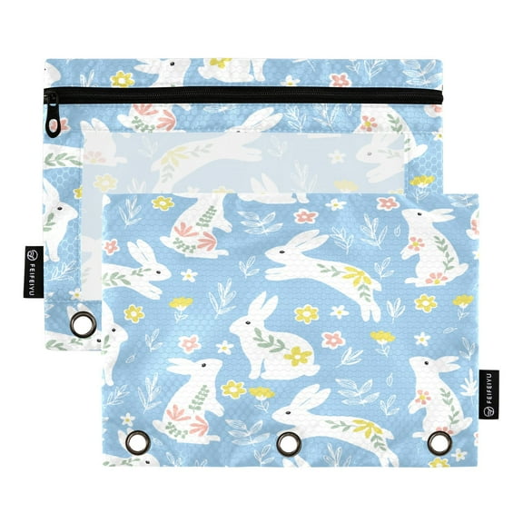 Iauyy Pencil Case for 3-Ring Binder, Transparent Window Pencil Box with Smooth Zipper, Large Capacity 3-Ring Binder Pencil Case, with 3 Reinforced Eyelet,Many Rabbit