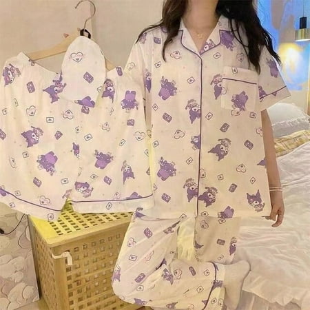 

Kawaii Hello Kitty Cosplay Clothes Kuromi Sanrio Korean Autumn Two Piece Pajamas Soft Home Wear Outgoing Girl