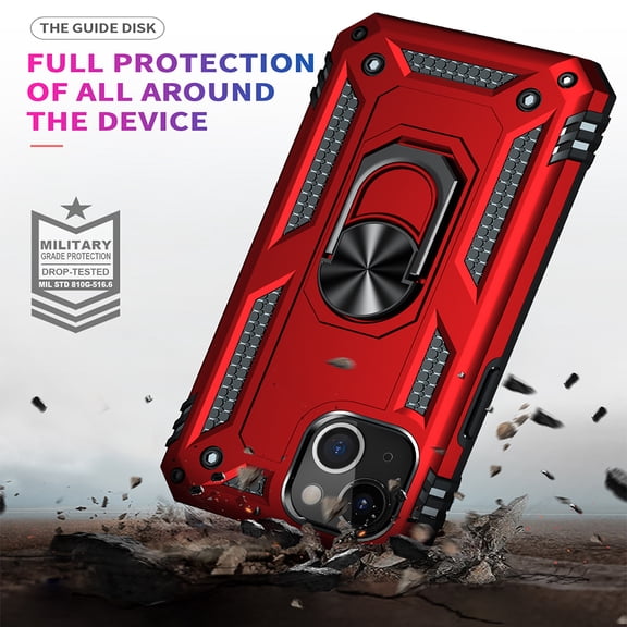Xpm Case for Apple iPhone 13 (6.1") Military Grade Heavy Duty Armor Hybrid with Rotating Metal Ring Kickstand Finger Loop Stand Cover for iPhone 13 - Red