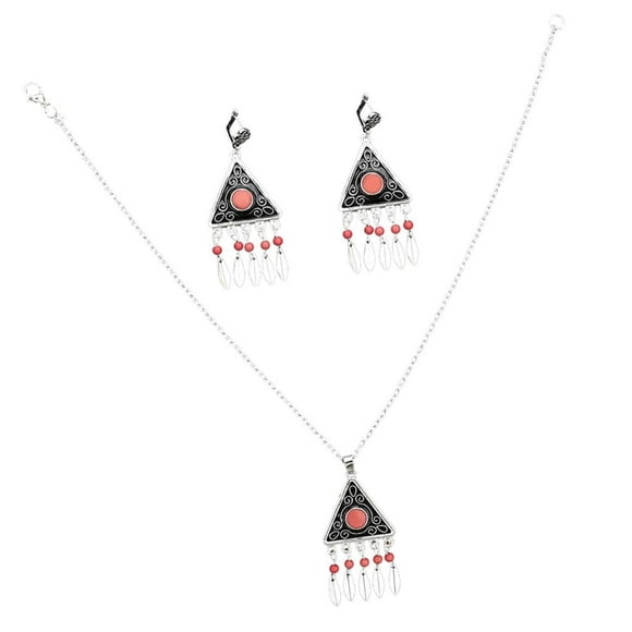 Fashion Women Jewelry Set Bohemian Alloy Tassel Pendants Necklace And Earring Red