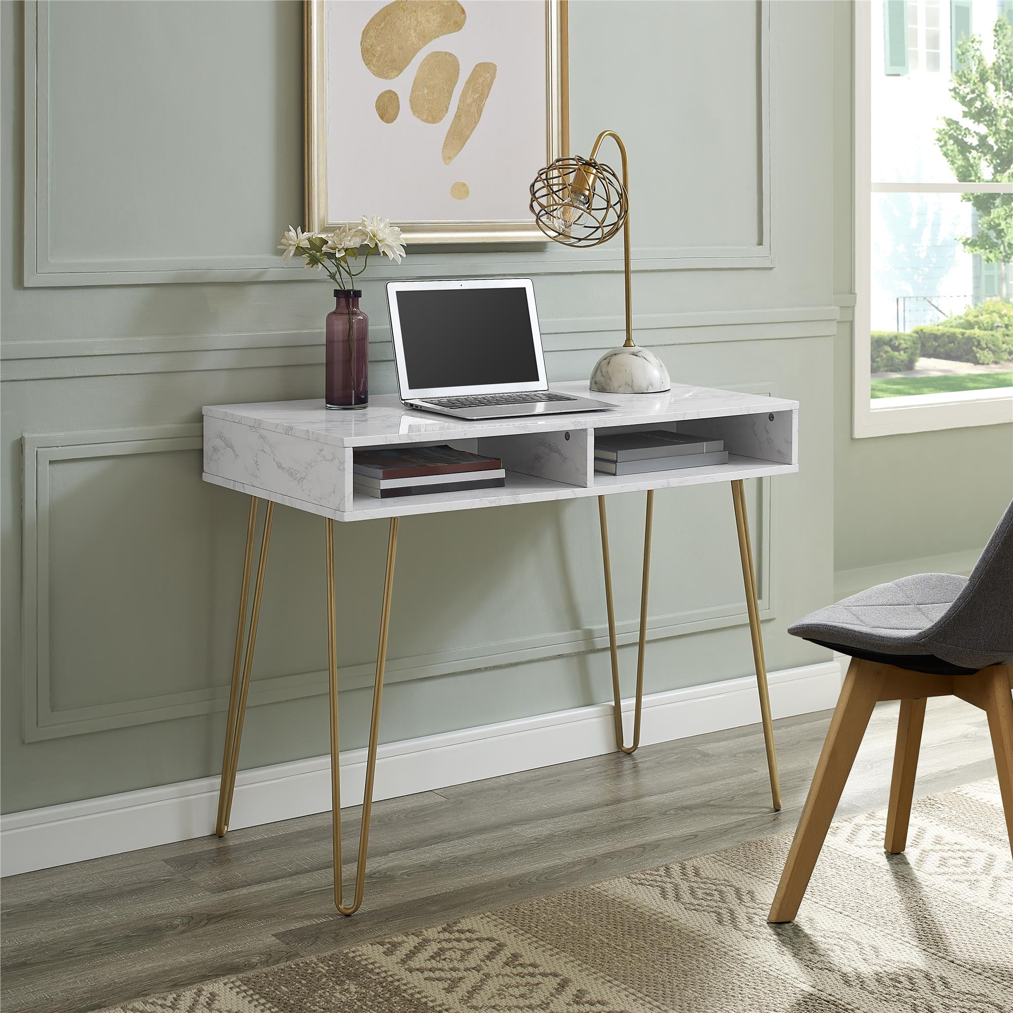 Novogratz Athena Computer Desk with Storage, White Marble