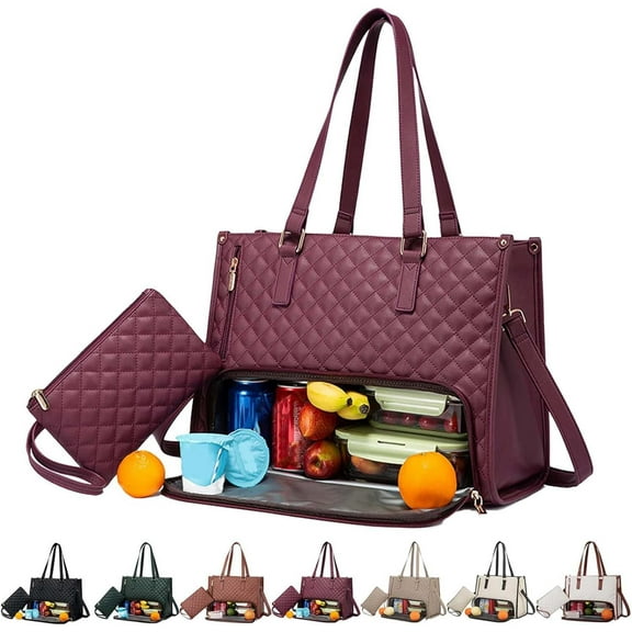 Packuum 3 In 1 Tote Bag With Lunch Compartment,15.6 Inch Tote Bags with Lunch Compartment, Lunch Bag Women Insulated, for Work Travel (Wine Red)