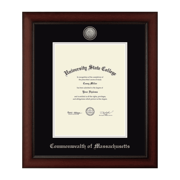 Framerly - State of Massachusetts 8.5w x 11h Certificate Frame - Gold Embossed Certificate Frame - Cherry Moulding with Black and Silver Matting