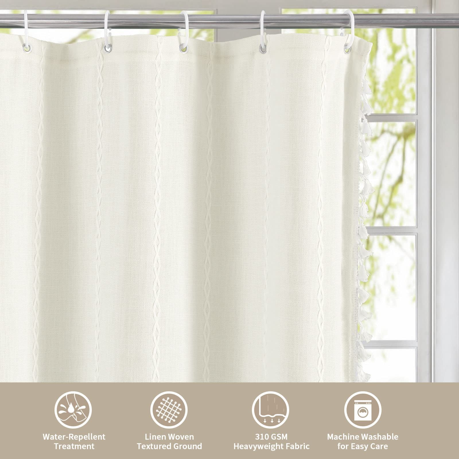 Small Stall Fabric Shower Curtain 36 x 72, White Half Size Narrow Cotton Linen Tassel Cloth Shower Curtains for Chic Modern Farmhouse Country Bathroom Decor