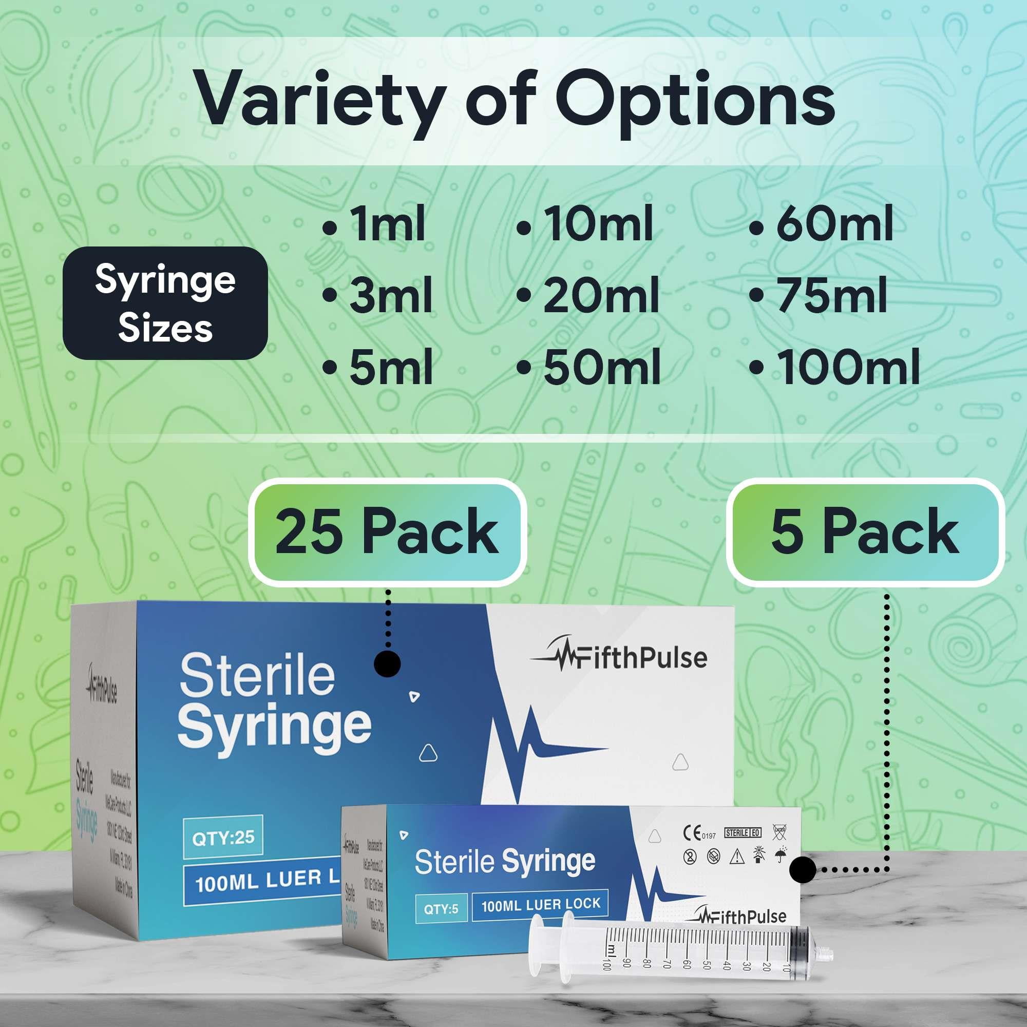 FifthPulse 100 ml Syringe without Needle - 5 Pack of Disposable Syringes - Medical, Scientific Lab, Home Use, and More - Sterile Luer Lock