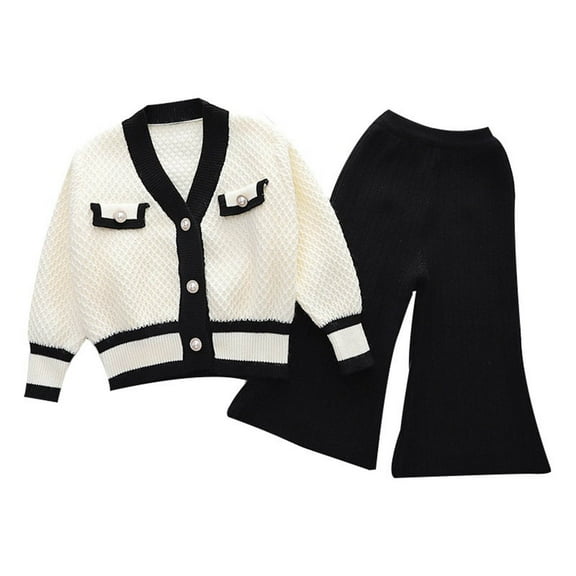Odeerbi Kids Girls Fall Winter Outfits Knit Cardigan Flared Pants Set 1-8 Years Children Long Sleeve Tie Button Cardigan Sweater Two Piece Set Kids Clothes White