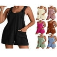 thumbnail image 2 of Femmes Coton Lin Bretelles Courtes Ensemble Été Réglable Sangle Jumpsuit Romper Sans Manches Jambe Large Ample Ensemble, 2 of 7