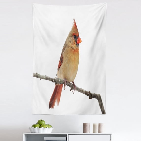 Cardinal Tapestry, Wildlife Wings Modish Songbird Northern Flying Animal Winter Season, Fabric Wall Hanging Decor for Bedroom Living Room Dorm, 5 Sizes, White Almond and Umber, by Ambesonne