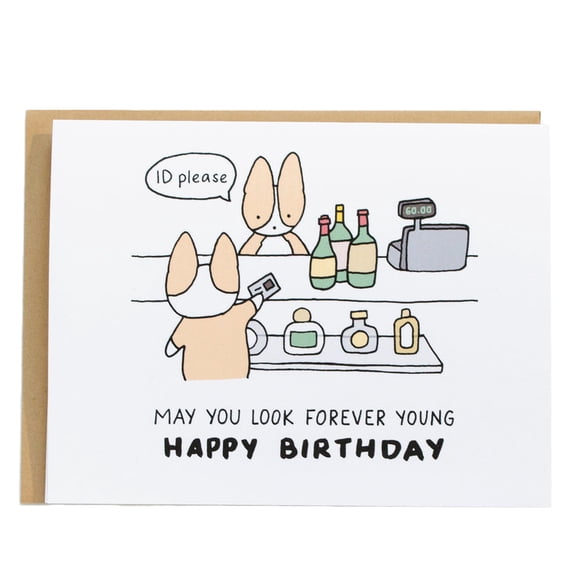 Funny Birthday Card – "May You Look Forever Young" with Cartoon Dog Design – Envelope Included, Blank Inside – Perfect for Friends and Family Birthdays