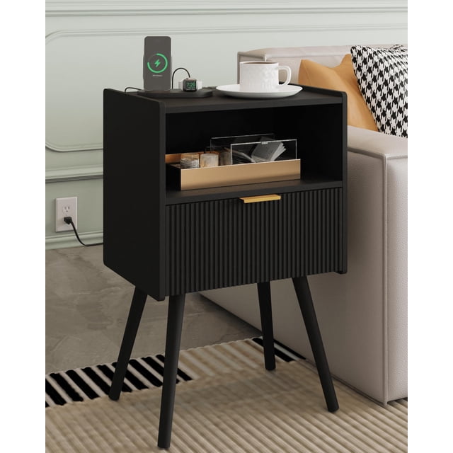 Mesita de noche moderna Nightstand Veegle con cajón de almacenamiento, color negro