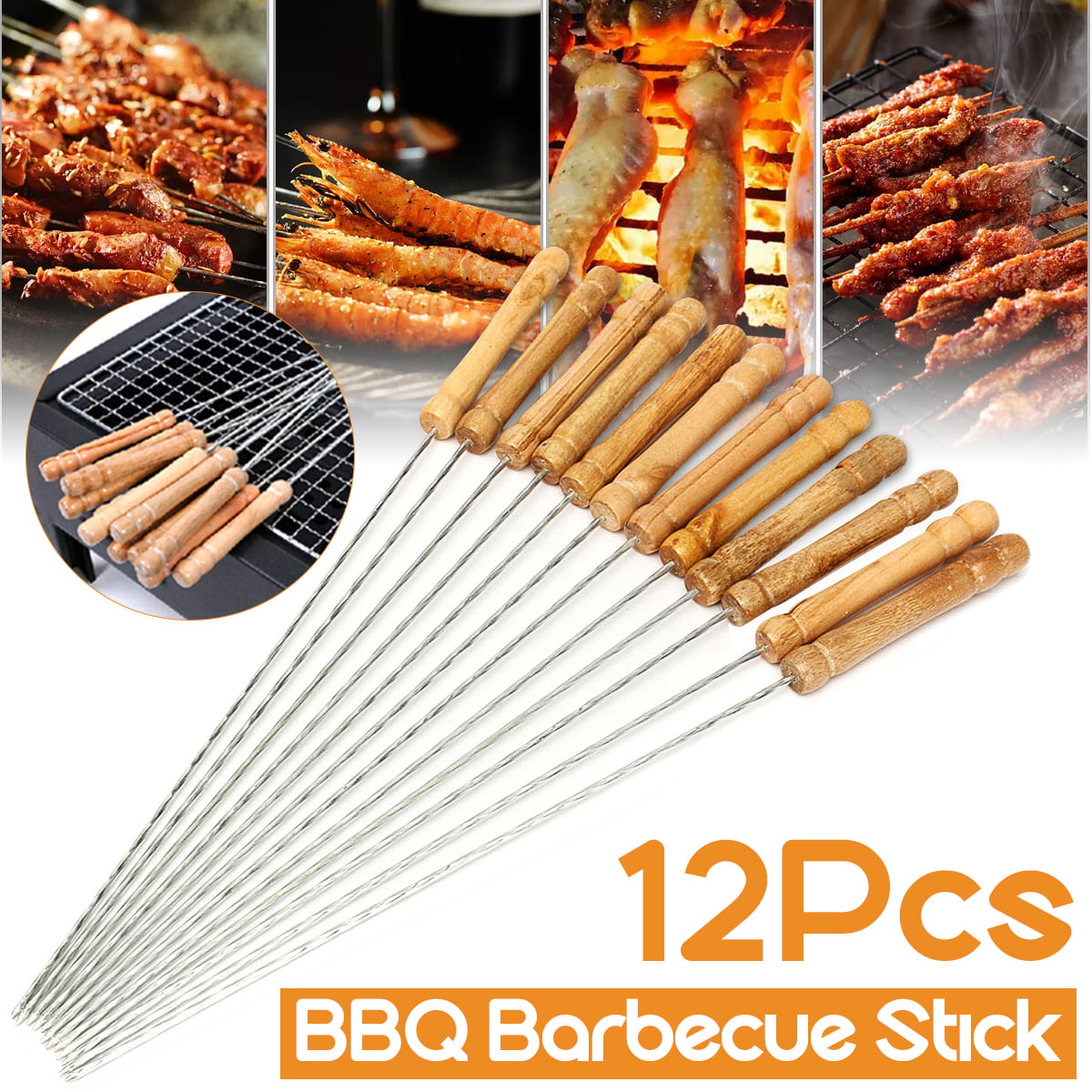 12 x METAL BBQ BARBECUE SKEWERS STICKS WOODEN HANDLES COOKING GRILL FRYING KEBAB 