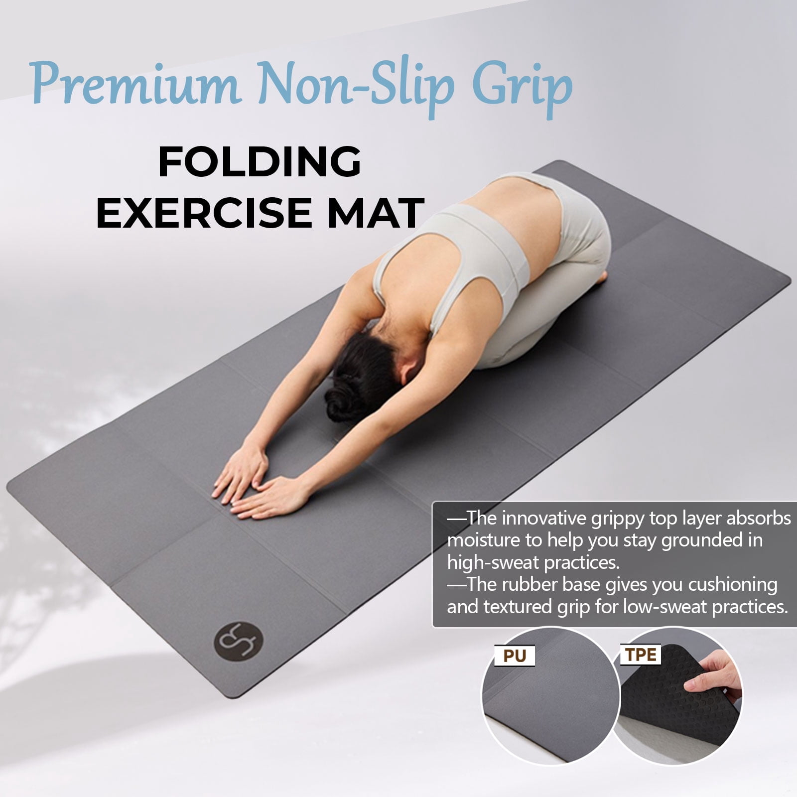 YR Travel Yoga Mat, Foldable Non-Slip Portable Exercise Mat for Hot Yoga, Pilates, HIIT, Home Gym, Workouts