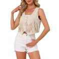 thumbnail image 4 of INSPIRE CHIC Faux Suede Fringe Vest for Women's Button Down 70S Vintage Sleeveless Cropped Tassel Waistcoat S Beige, 4 of 6