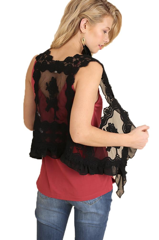 Umgee Womens Boho Style Lace Ruffle Crop Vest