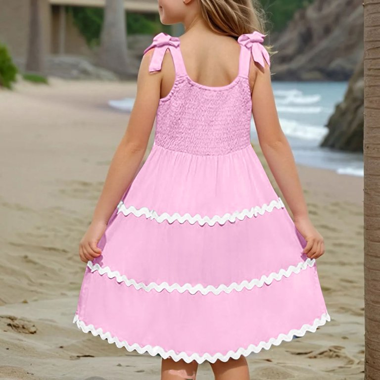 XADYUY Smocked Dresses for Girls Casual Tie Shoulder Colorblock