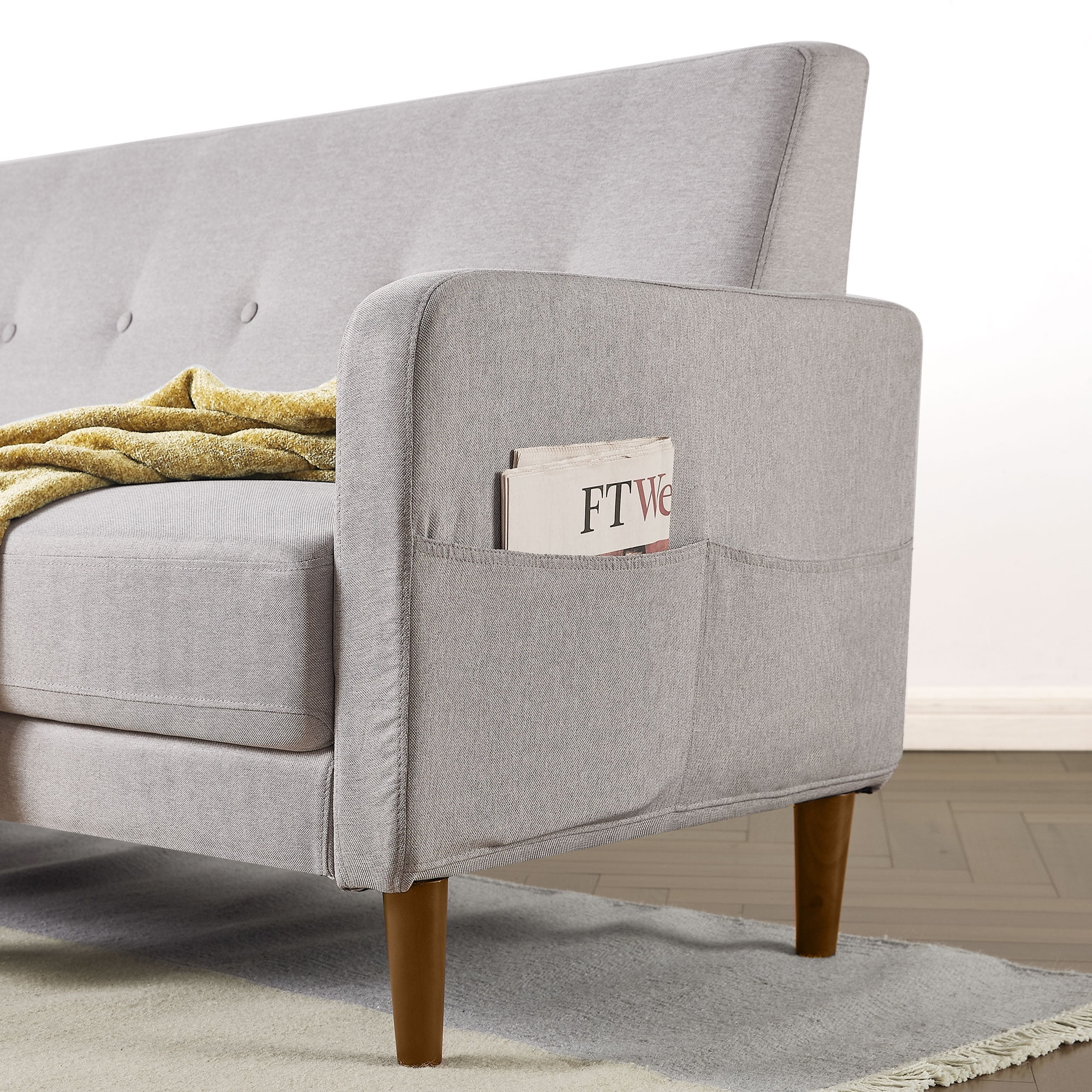 Mellow Adair Modern Sofa with Armrest Pockets, Light Grey