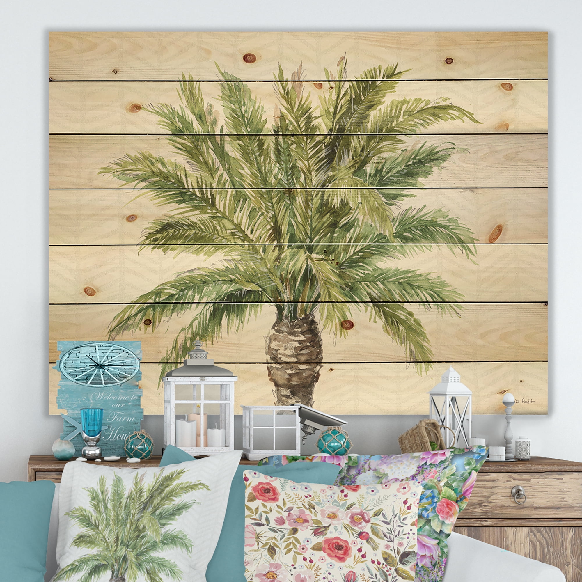 Designart 'Botanical Mixed Green Palms IV' Farmhouse Print on Natural Pine Wood