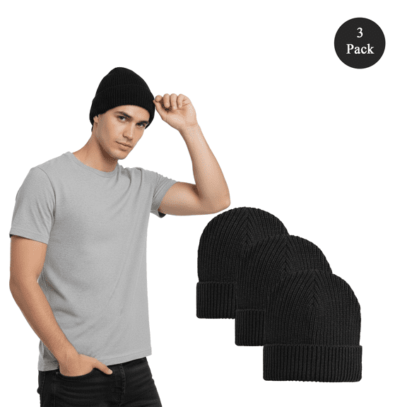 Goldenrow Classic Ribbed Knit Cuffed Beanie Hat, 3-Pack, Fleece Lined Warm Winter Black Beanies Caps