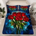 thumbnail image 2 of Ensemble de Draps Grand à Roses Rouges, Jardin Naturel Fleurs Épanouies Ensembles de Draps Romantiques Chambre d'Adultes, Ensemble de Literie Patchwork Style Vitrail Artistique avec Drap Plat, Drap-Housse, 2 Oreillers, 2 of 6
