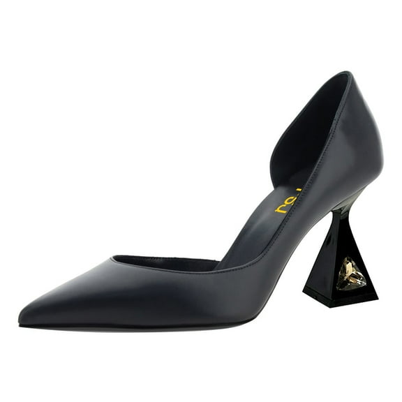 FSJ Women Closed Pointed Toe Slip On D'Orsay Pumps Unique Crystal Flared Chunky Block Heel Wedding Party Dress Shoes Size 5 Black