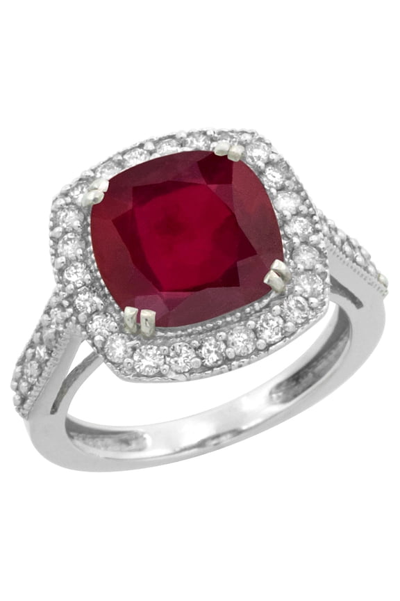 14K White Gold Diamond and Enhanced Genuine Ruby Ring Cushion-cut 9x9mm, size 7.5