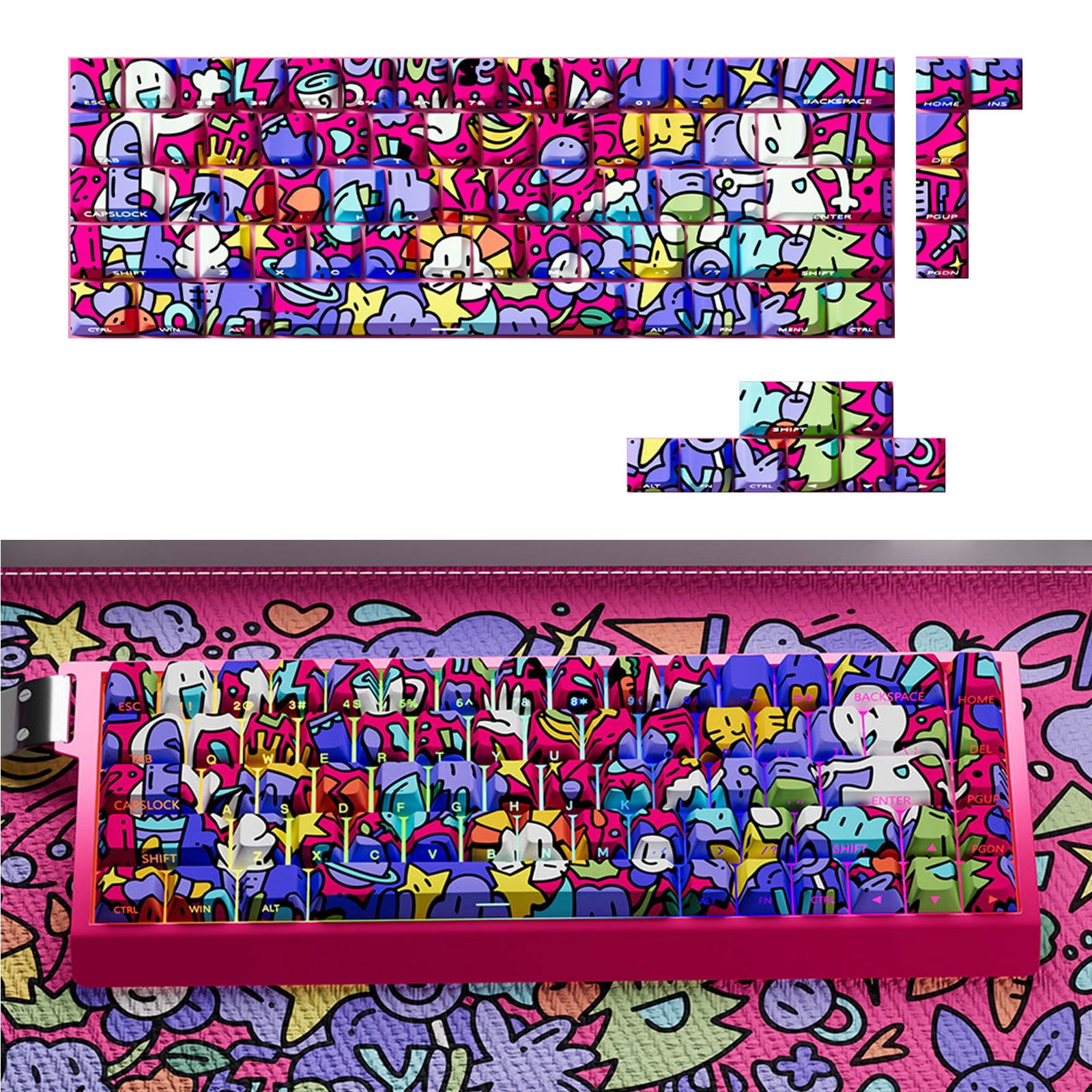 74/140Key Graffiti Artistic Design PBTs Original Profile Side Print Transparents Keycaps for Backlits Keyboards