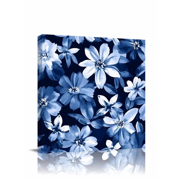 White Navy Canvas Wall Art, Blue Daisy Watercolor Blooming Floral Botanical Framed Wall Decor Modern Artwork Prints Painting for Living Room, Bedroom, Kitchen & Cafe Decor 8x8 Inch
