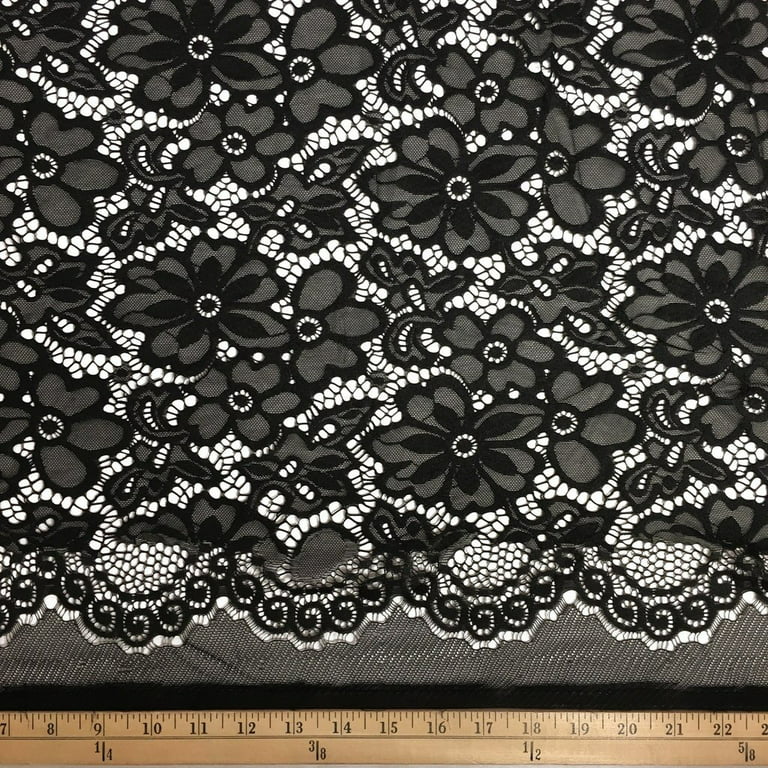 Black lace fabric, French lace Solstiss floral lace scallop edge with  eyelash cocktail dress Burlesque, Goth wedding 95cm wide