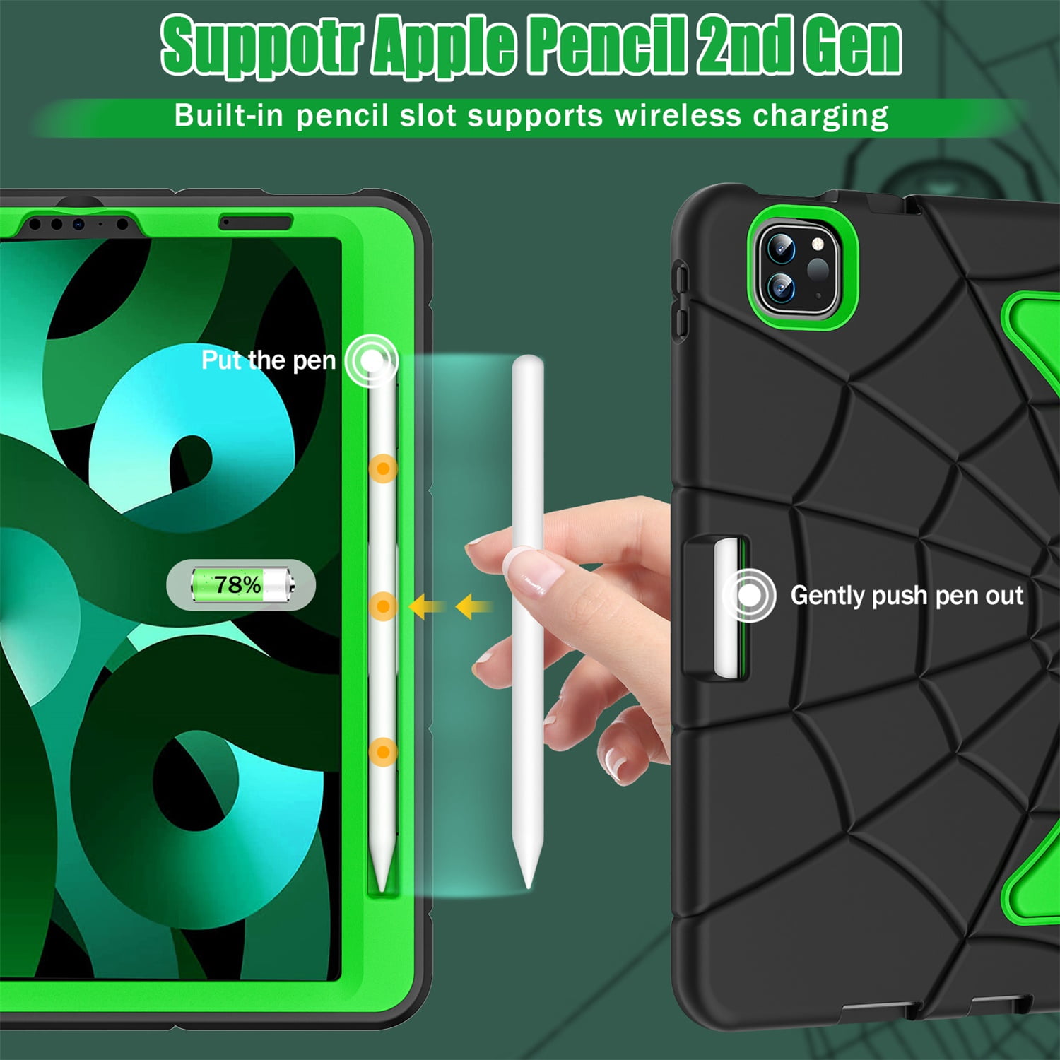 Kids Case for iPad 9th/8th/7th Generation with Pencil Holder, Lightweight Shockproof Stand Anti-Slip Rugged Silicone PC Case Cover for iPad 10.2" 2021/2020/2019 for Boys Girls, Black+Green