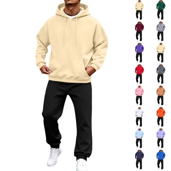Men 2 Piece Outfit Men Solid-Color Casual Loose Pocket Drawstring Long Pants Sweatshirt Pullover Long Sleeve Hooded Set Yellow L