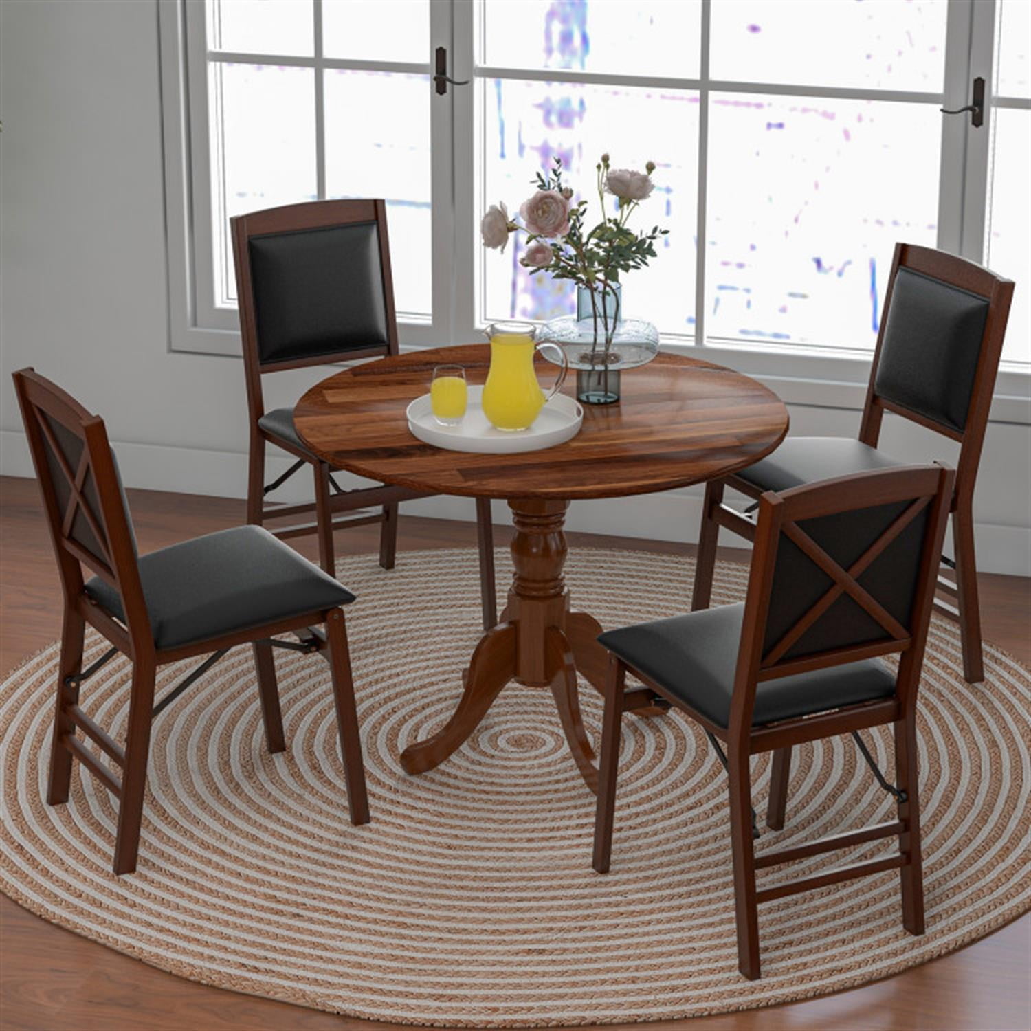Demi Bonn Wooden Dining Table with Round Tabletop and Curved Trestle Legs, Modern Kitchen Table Furniture for Dining Room, Dinette, Brown