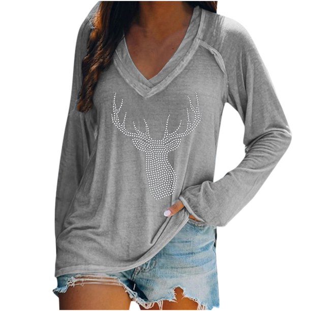 Tops Para Mujer Blusa de Navidad Camisas de Manga Larga Otoño Moda Causal Cuello en V Camiseta de Perforación en Caliente Odeerbi ODB169289
