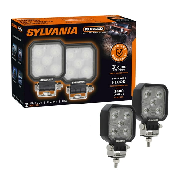 SYLVANIA Rugged 3 Inch Cube LED Light Pods, Flood Light 1400 Raw Lumens, Off Road Driving Work Light, Truck, Tractor, Boat, ATV, UTV, SUV, 4x4 (2 PC)