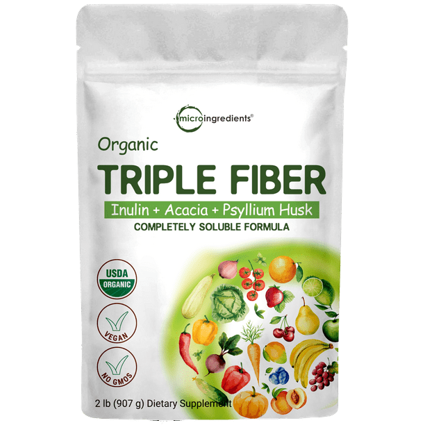 Certified Organic Triple Fiber Supplement, 2 Pounds, optimized formula with Psyllium husk Powder, Acacia and Chicory Root, NON-GMO