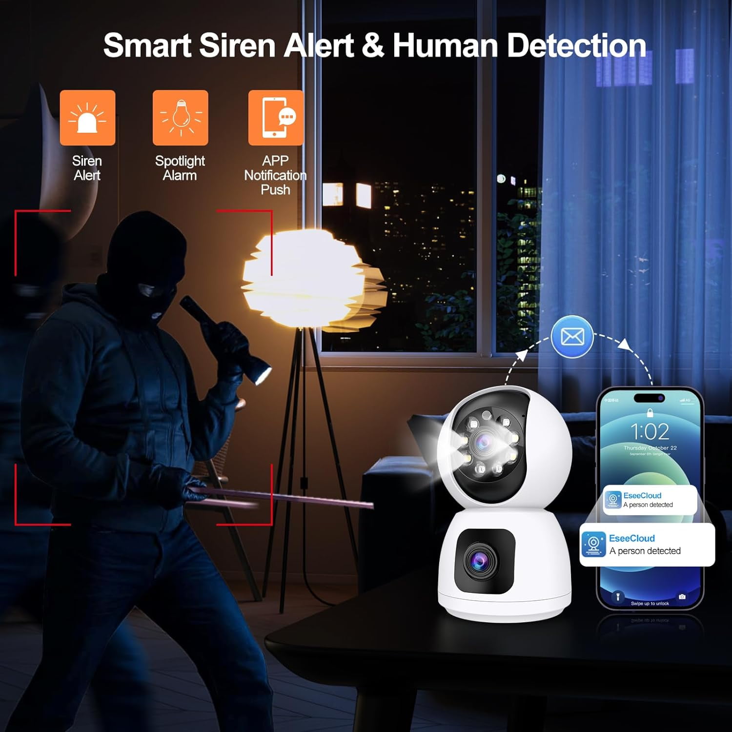 KunMing 2.4GHz WiFi Indoor Security Camera, 2K Dual Lens for Home, Baby, and Pet Monitoring with Night Vision, Motion Detection, Two-Way Audio, Siren, Cloud & SD Card Storage