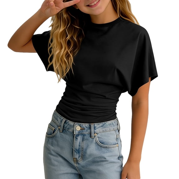 LxrBlank Girl T Shirts Crew Neck Short Sleeve Solid Color Tops Lightweight Soft Loose Fit Baggy Basic Workout Summer Clothes Black