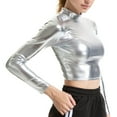 thumbnail image 2 of YONGHS Womens Metallic Long Sleeve/Sleeveless Crop Tops Holographic Shiny Turtleneck Tops Blouses Silver L, 2 of 5