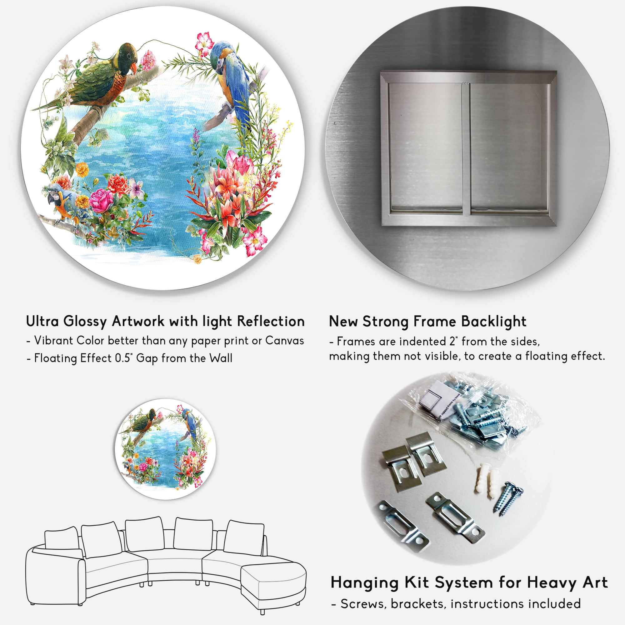 Designart 'Parrots and Flowers By The Blue Waterside' Traditional Circle Metal Wall Art 29x29 - Disc of 29