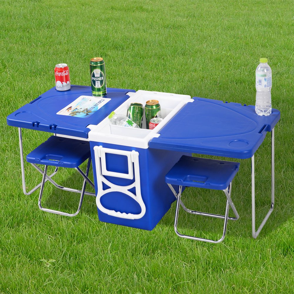 Outdoor Rolling Picnic Cooler Table with Chairs Blue