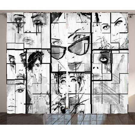Graphic Curtain Panels Ivy Bronx Hugo Fashion House Women Faces with Different Eye Makeup Eiffel Tower Romance Paris Image Graphic Print & Text Semi-Sheer Rod Pocket Curtain Panels (Set of 2) ()
