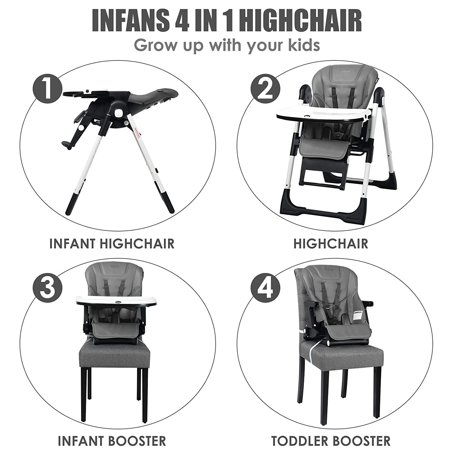 INFANS 4 in 1 High Chair–Booster Seat, Convertible Highchair w/Adjustable Height, Removable Tray, Detachable Cushion, Installation-Free, Simple Fold for Baby, Infant & Toddler, Gray