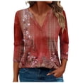 thumbnail image 2 of Plus Size Tops 3/4 Sleeves V-Neck Printed Casual Tops Womens Plus Size Tops Wine 2XL, 2 of 5