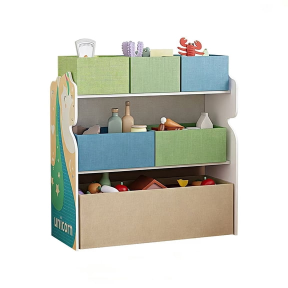 Mosbrisa Kids Toy Storage Organizer with 6 Bins, Unicorn Pattern, Cubby Bookcase for Kids' Room Playroom