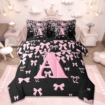jejeloiu Monogrammed A Twin Bedding Sets 7-Piece,Cute Bowknot Bowtie Bedding Comforter Set,Light Pink Black Sheet Sets,Microfiber Room Decorative Reversible