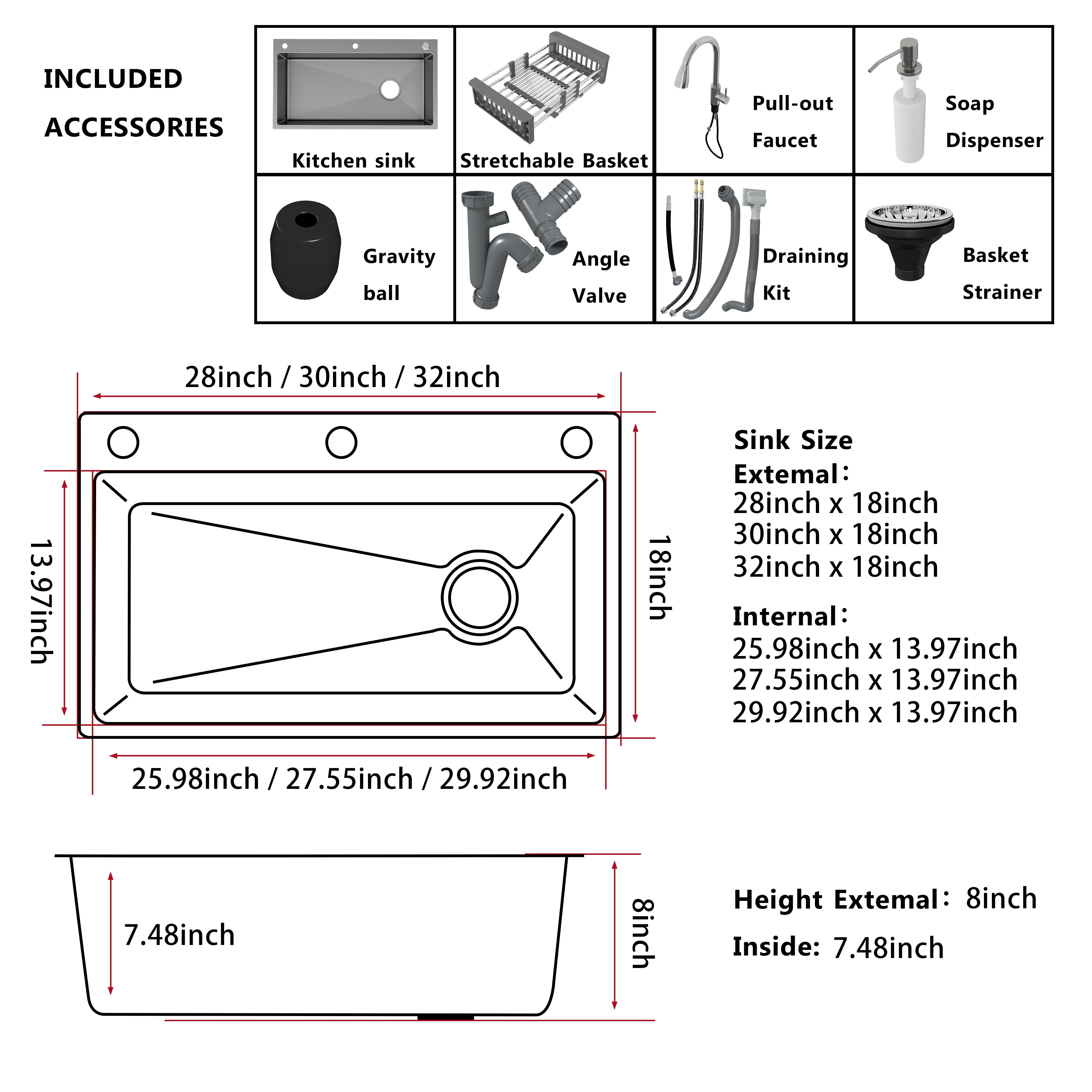 Abunitt 30x18x8 inch 304 Stainless Steel Kitchen Sink,X-Shaped Drain, Topmount Drop-in Workstation with Pull-out Faucet & Accessories,Brushed Silver