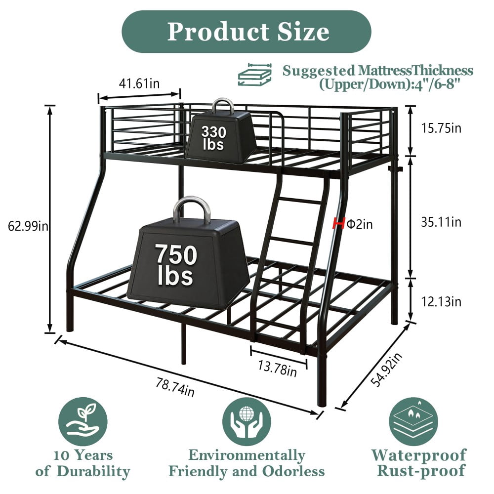 Twin Over Full Bunk Bed, Heavy Duty Metal Bunk Beds with Long Guardrail & Slanted Ladder, 650/750 lbs Capacity, Space Saving, No Box Spring, Black