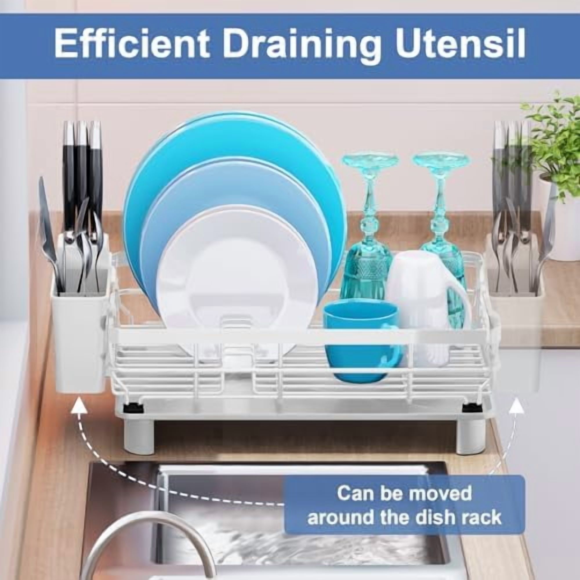 Dish Drying Rack, Dish Rack, Stainless Steel Dish Racks for Kitchen Counter, Dish Drainer with Removable Utensil Holder, Drainboard (White,13''W x 17''L)