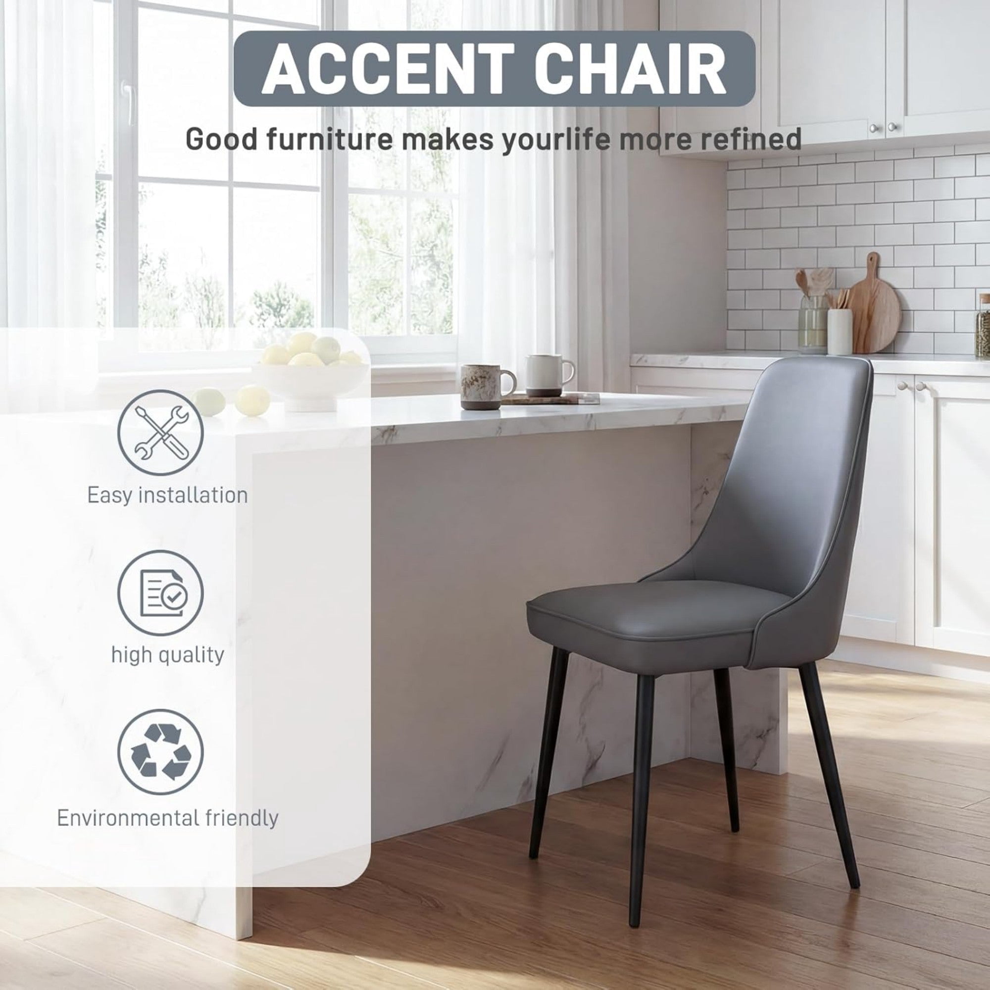 Sailvan Modern Dining Chairs Set of 8,Faux Leather Upholstered Kitchen Chairs with Ergonomic Curved Back and Metal Legs,Waterproof Side Chairs for Dining Room Grey